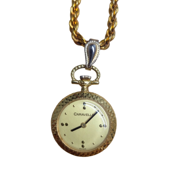 VINTAGE CARAVELLE WATCH PENDANT NECKLACE SWISS GOLD TONE 14.5IN WOMENS - Picture 6 of 10